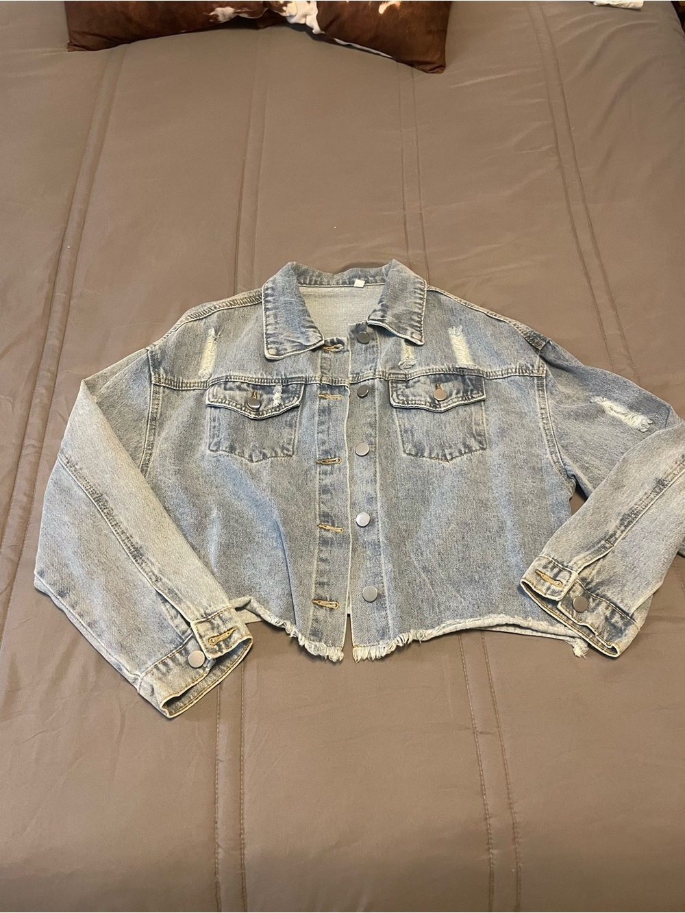 Amazon Light Blue Cropped Distressed Denim Jacket